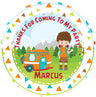 camping birthday sticker with camper and mountain outdoor scene