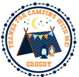 camping birthday sticker with tent lantern and moon scene