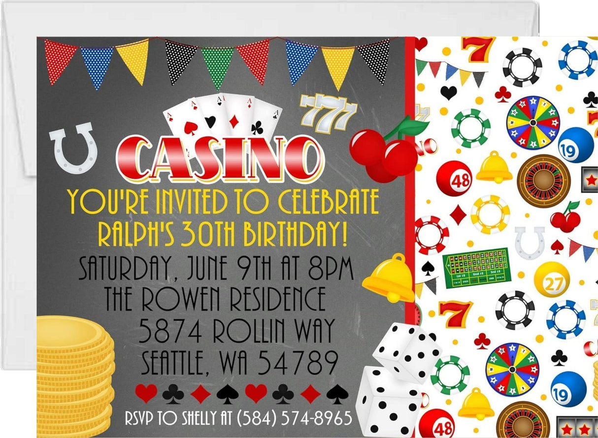 casino night birthday invitations colorful gaming theme