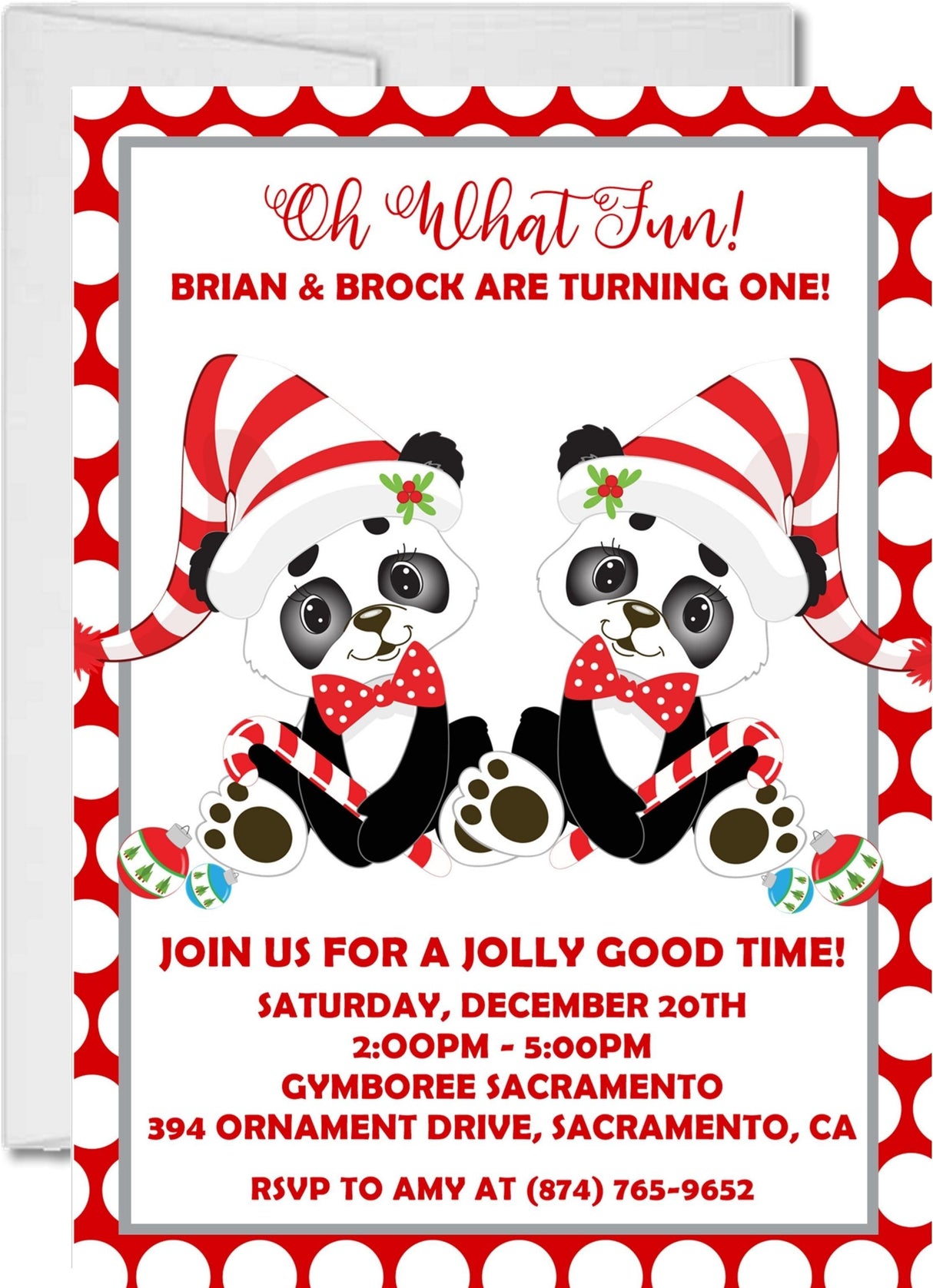 christmas twins 1st birthday invitations panda candy cane design