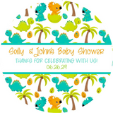 colorful dinosaur baby shower sticker with eggs and palm trees