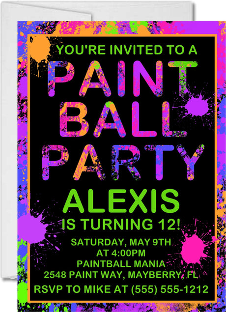 colorful paintball party invitations neon paint splatter design