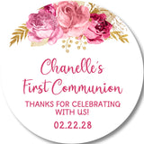 Pink Rose First Communion Stickers – Blush Pink, Rose Gold, Burgundy Floral Communion Favor Labels
