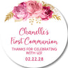 Pink Rose First Communion Stickers – Blush Pink, Rose Gold, Burgundy Floral Communion Favor Labels