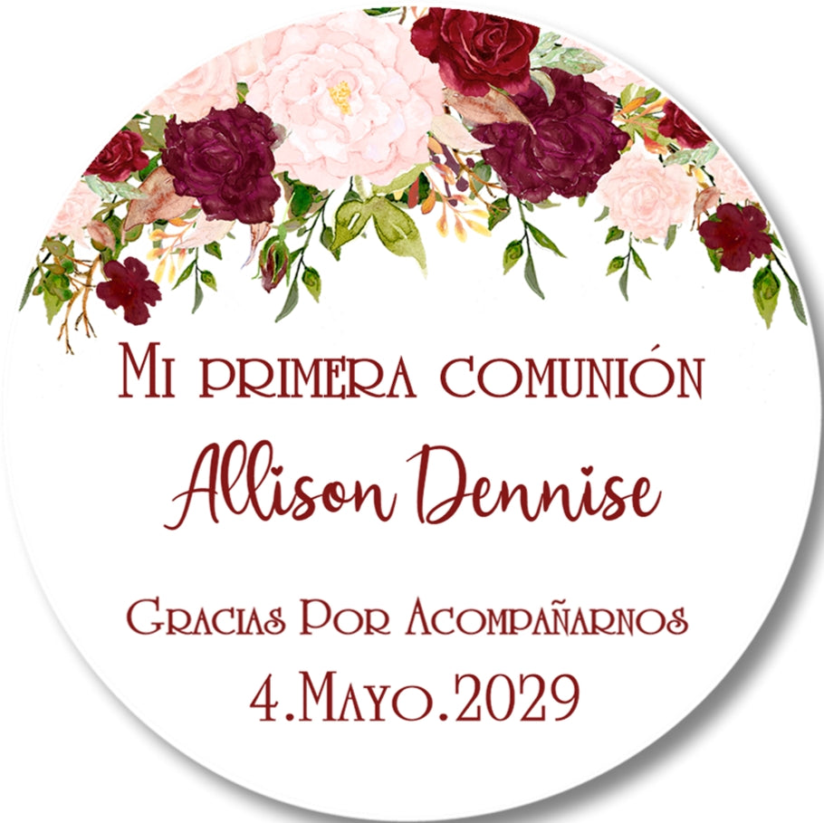 Pink Rose First Communion Stickers – Blush Pink, Rose Gold, Burgundy Floral Communion Favor Labels