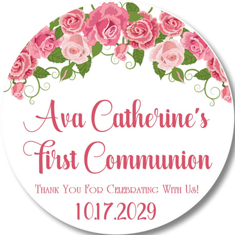 Pink Rose First Communion Stickers – Blush Pink, Rose Gold, Burgundy Floral Communion Favor Labels