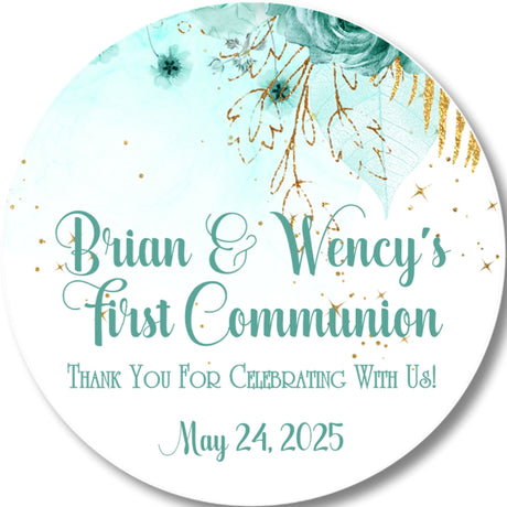 Blue Floral First Communion Stickers – Personalized Communion Favor Labels for Boys and Girls