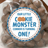 cookie monster style birthday sticker with cookie lettering