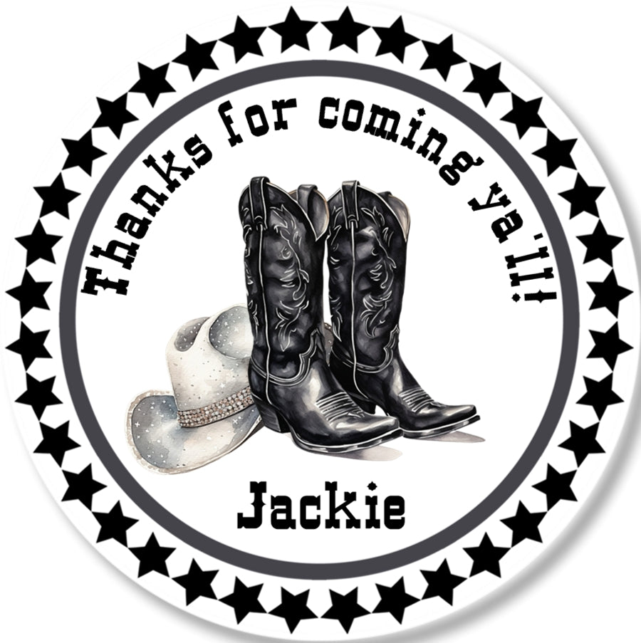 cowgirl birthday sticker with pink boots hat and star border