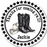 cowgirl birthday sticker with pink boots hat and star border