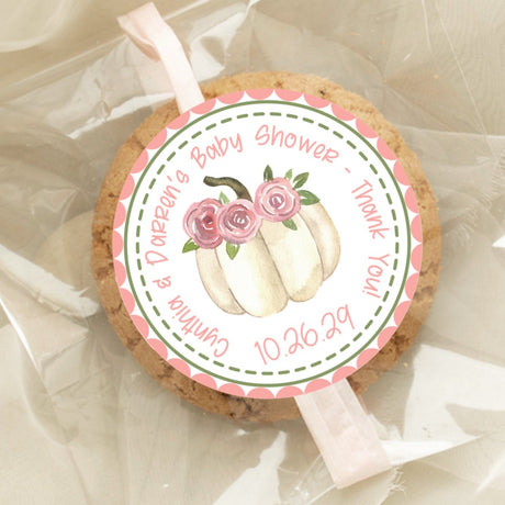 cream pumpkin baby shower sticker with pink roses