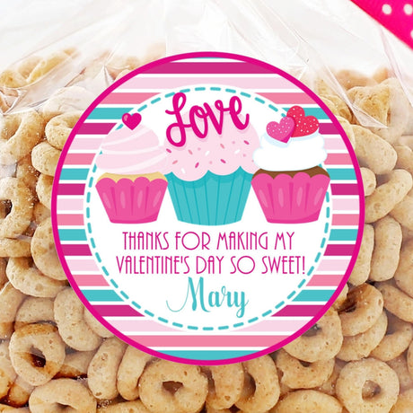 cupcake valentine sticker with striped pink and teal background