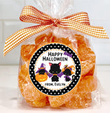 cute cat themed halloween party sticker with orange and purple accents