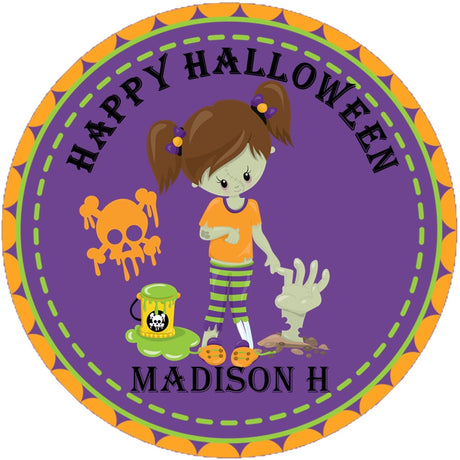 cute zombie girl halloween sticker purple orange party design