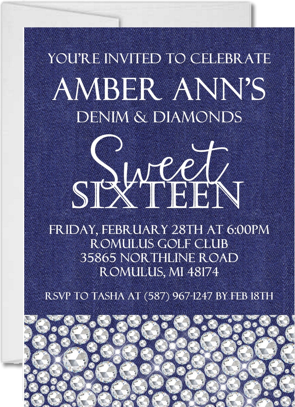 denim and diamonds sweet 16 invitations blue rhinestone design