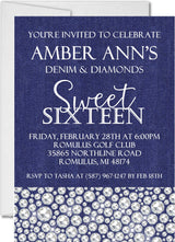 denim and diamonds sweet 16 invitations blue rhinestone design
