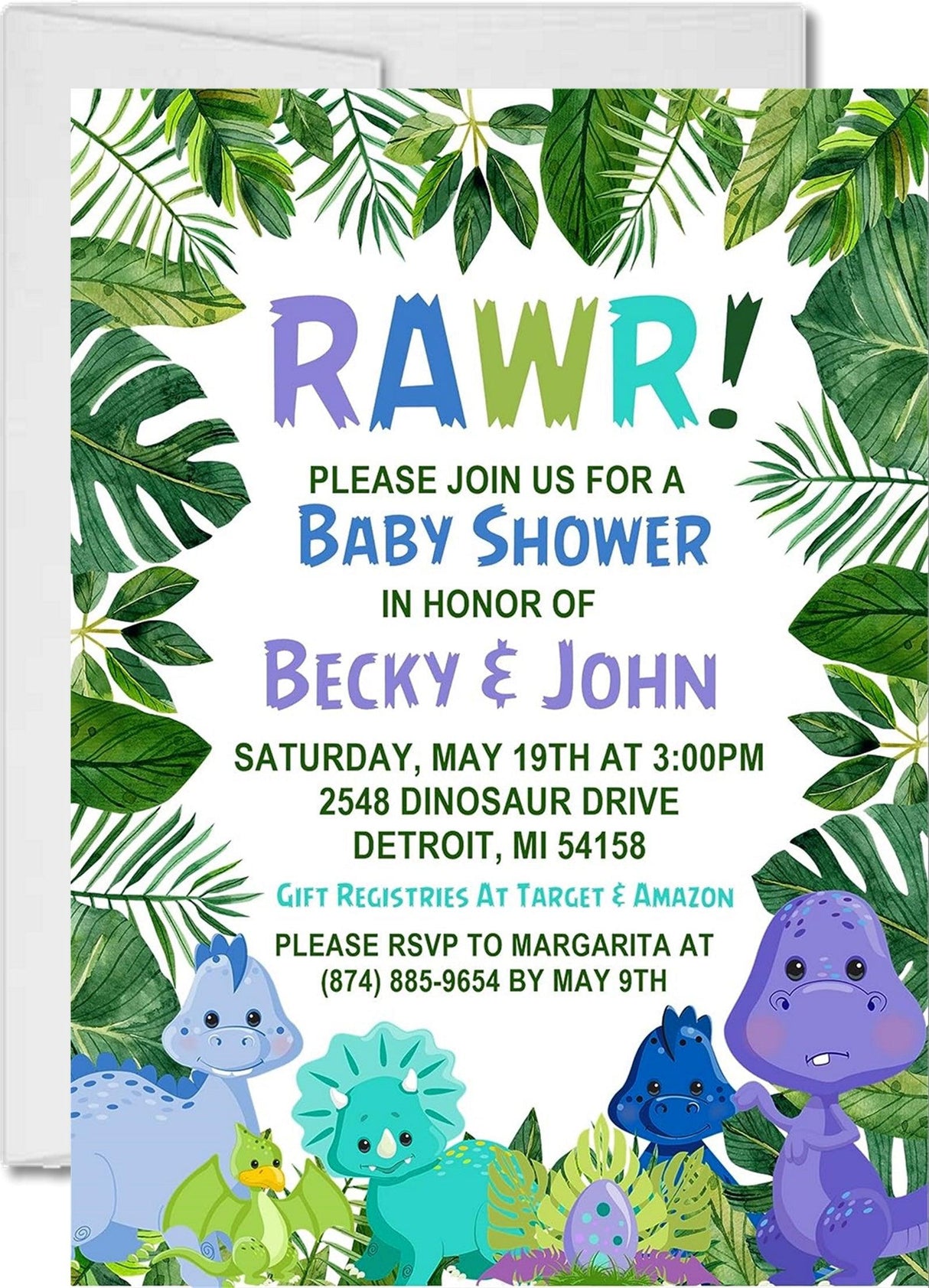 dinosaur baby shower invitations tropical jungle design