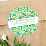 dinosaur baby shower stickers with palm trees and dino eggs