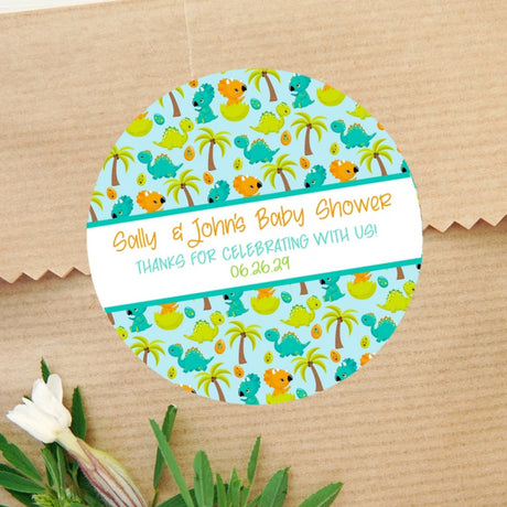 dinosaur baby shower stickers with palm trees and dino eggs
