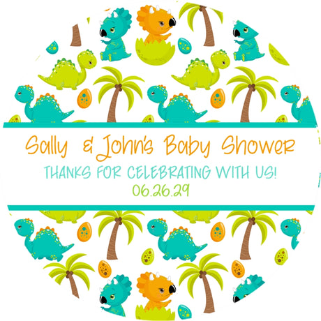 dinosaur favor sticker with balloons eggs and tropical theme