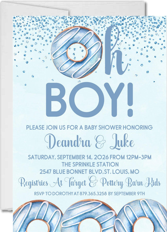donut baby shower invitations pastel blue sprinkle design