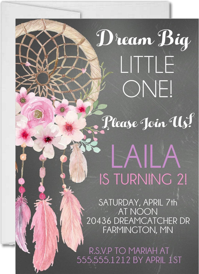 dream catcher 1st birthday invitations floral feather design