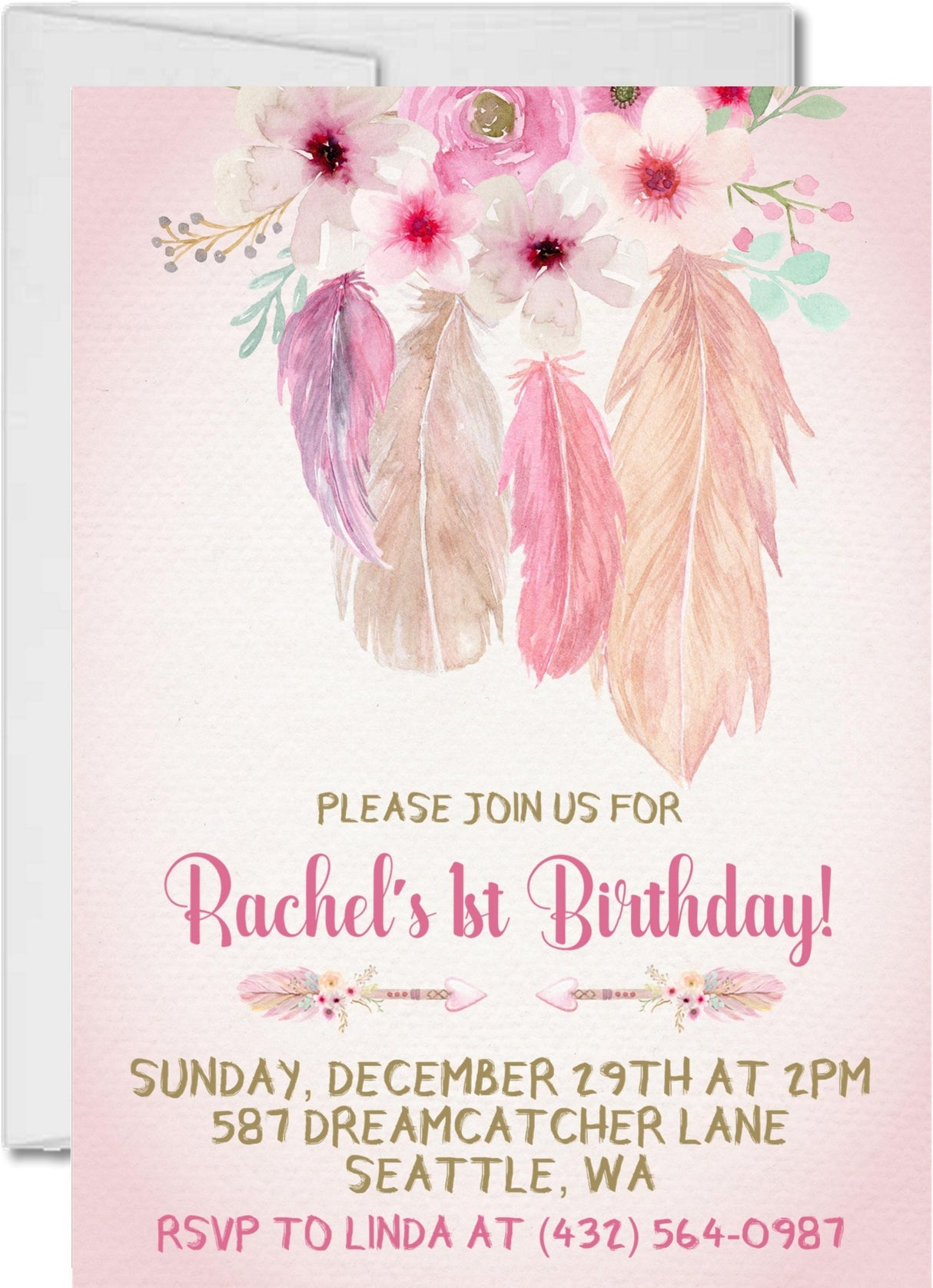 dreamcatcher birthday party invitations watercolor feather design