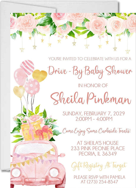 drive by baby shower invitations pink rose floral garden design