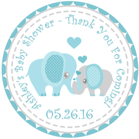 elephant baby shower favor sticker with two elephants and soft blue theme