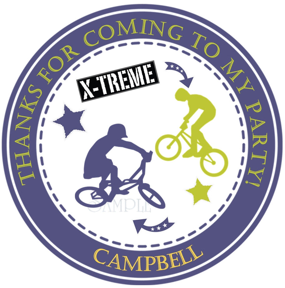 extreme bike party sticker with bold colors and circular layout