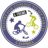 extreme bike party sticker with bold colors and circular layout