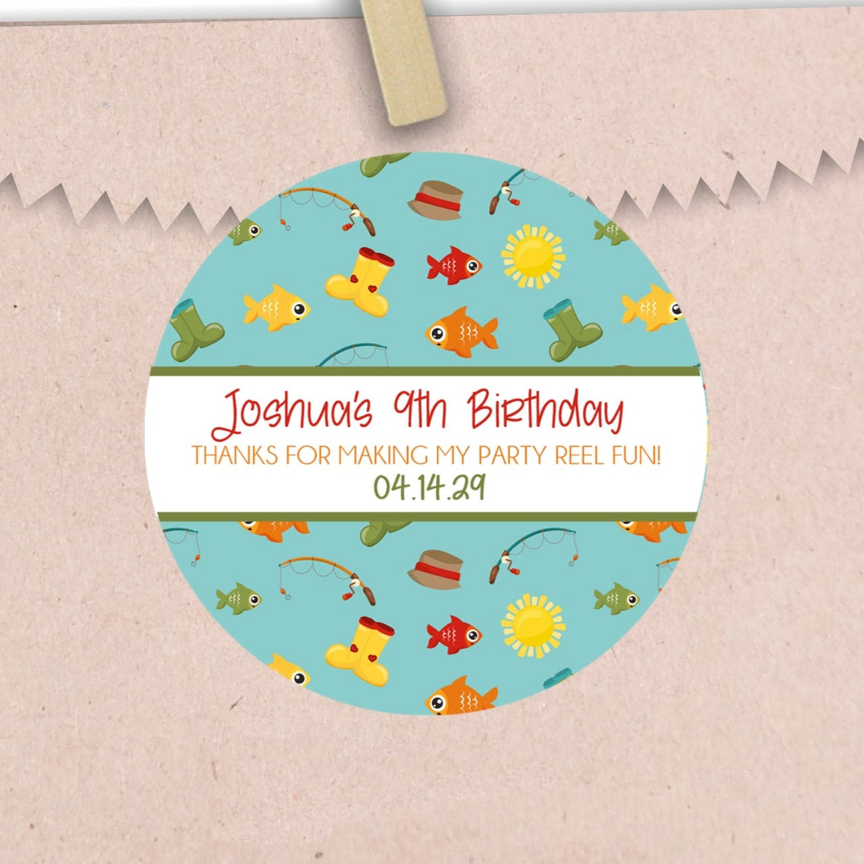 fishing themed birthday sticker with colorful pattern