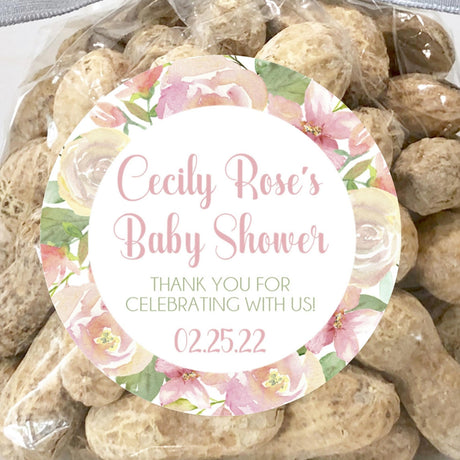floral garden baby shower sticker with pink and cream blossoms