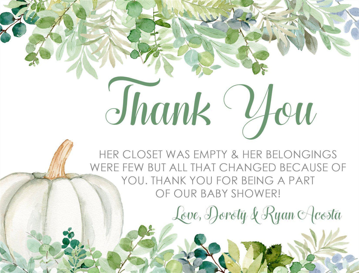 floral pumpkin baby shower thank you notes autumn greenery theme