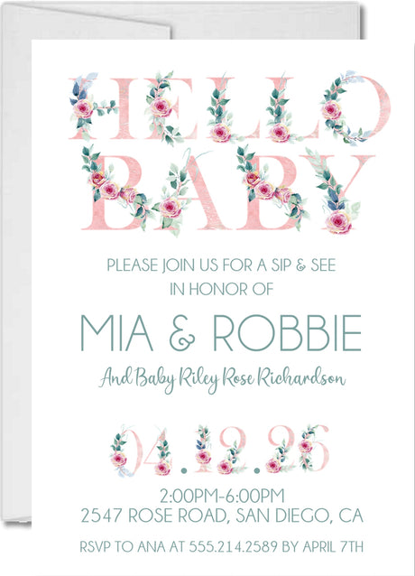 floral sip and see invitations pastel flower lettering design