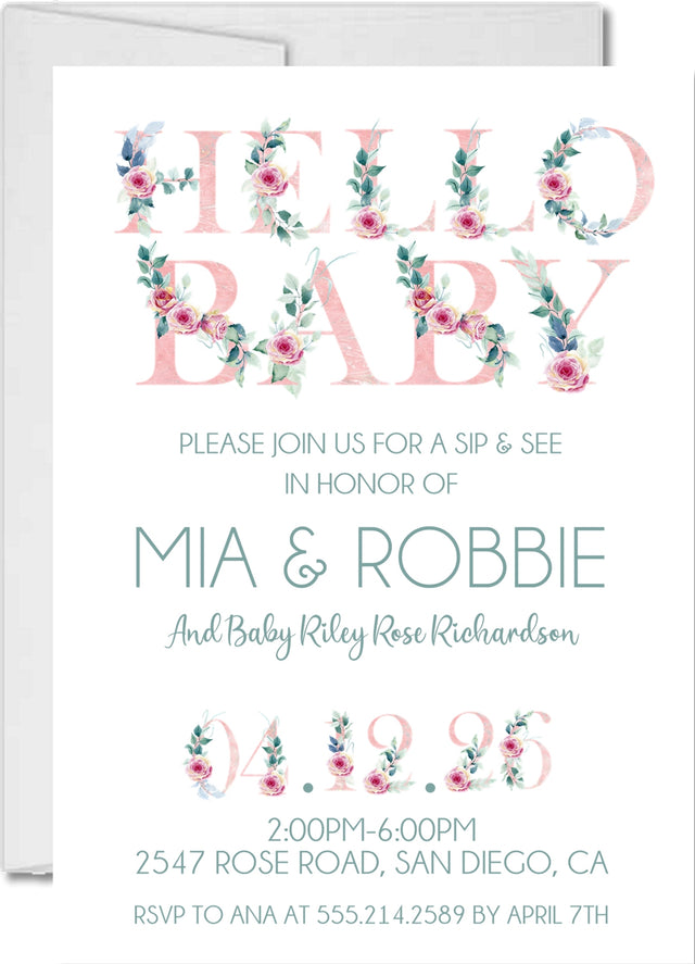 floral sip and see invitations pastel flower lettering design