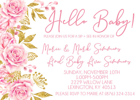 floral sip and see invitations pink rose design