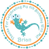 gecko party sticker with playful reptile character and bright colors