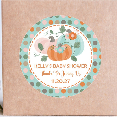 gender neutral pumpkin baby shower sticker with polka dots