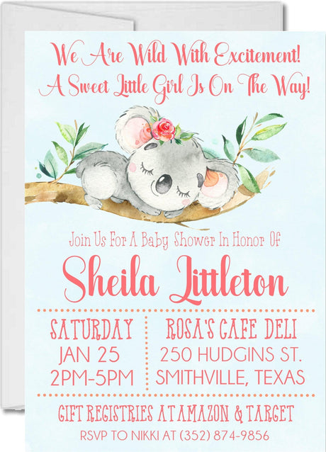 girl koala baby shower invitations blush greenery theme