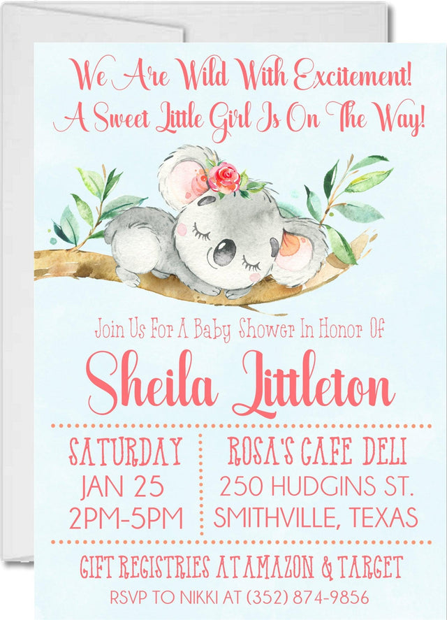 girl koala baby shower invitations blush greenery theme