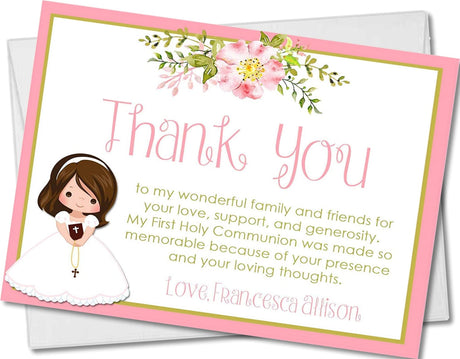 girls first holy communion thank you cards floral pastel design