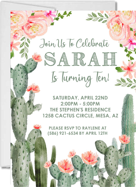 girls pink cactus birthday party invitations