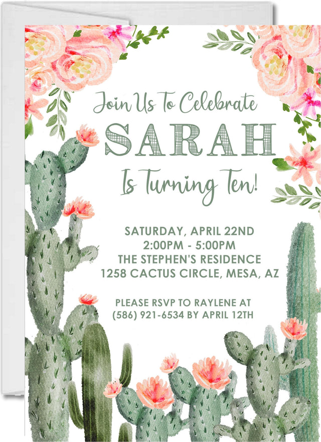 girls pink cactus birthday party invitations