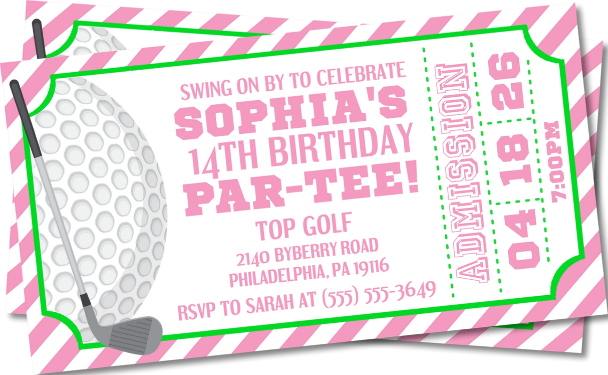 girls pink golf birthday ticket invitations admit one golf theme