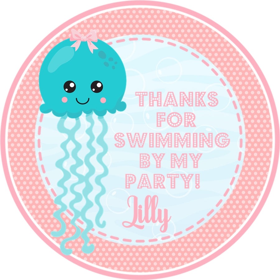girls pink jellyfish birthday sticker with cute ocean character design