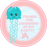 girls pink jellyfish birthday sticker with cute ocean character design
