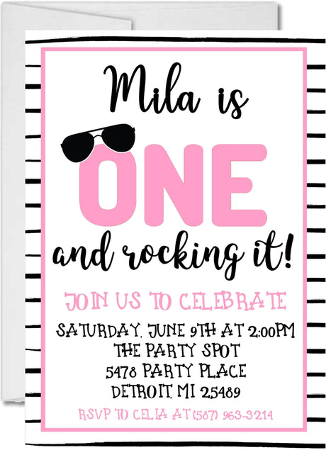 girls pink one and rocking it birthday invitations modern party theme