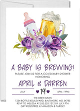 girls purple lavender baby is brewing invitations beer mug shower theme