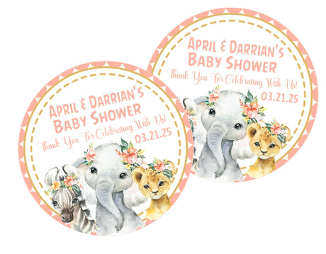 girls safari baby shower stickers with floral elephant zebra lion